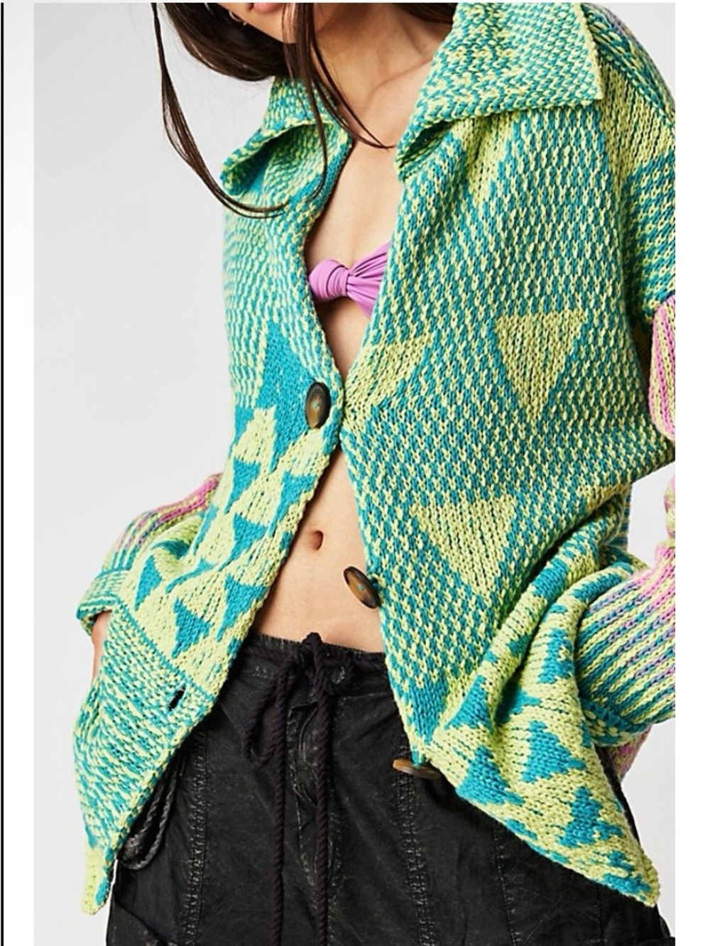 NWT Free People TateCardigan in Teal, Pink & Lime